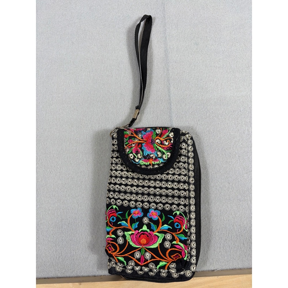 Boho Floral Embroidered Wristlet Wallet Phone Case Black Canvas Folk Art Style